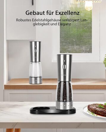 Electric Salt and Pepper Grinder Set of 2, USB Rechargeable Stainless Steel Electric Pepper Grinder with Adjustable Coarseness, Large Capacity, Elegant Storage Base
