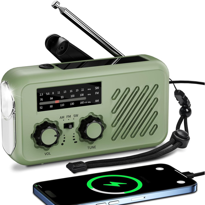 Радіо-пристрій для надзвичайних ситуацій Kurbelradio: радіо на ручку з сонячною панеллю, акумулятор 2000mAh, ліхтарик LED, SOS-сигнал, SW/AM/FM, для активного відпочинку