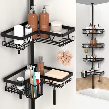 Настінна поличка для душу YIGII з телескопічною штангою, з нержавіючої сталі, чорна, 4 яруси, без свердління, з тримачем для зубних щіток, регульована 63.5–290 см