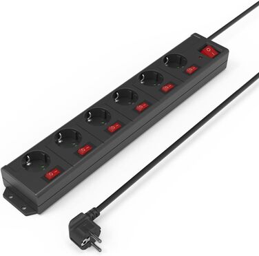 Розподільник розеток Hama з індивідуальним керуванням, захистом від перенапруги, 6 розеток, поворот на 90°, чорний, 1.4м кабель
