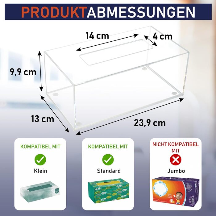 Acrylic tissue box, transparent, for tissues, napkins, dryer sheets - perfect cover for bathroom, desk, countertop, vanity, nightstand (Rectangular, Clear)