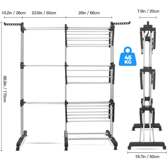 Сушарка для білизни Turm з колесами, складна, 3 рівні, сіра. Компактна сушарка-вежа для дому та вулиці