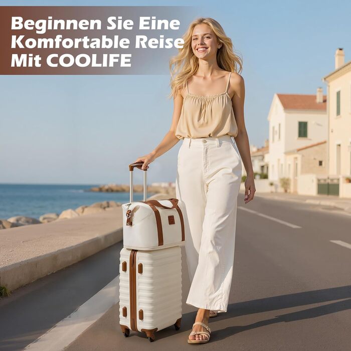 Валіза COOLIFE з ABS-пластику, 3-секційна, з TSA-замком, 4 колеса, включає сумочку та косметичку, білий/коричневий (блакитний/червоний)