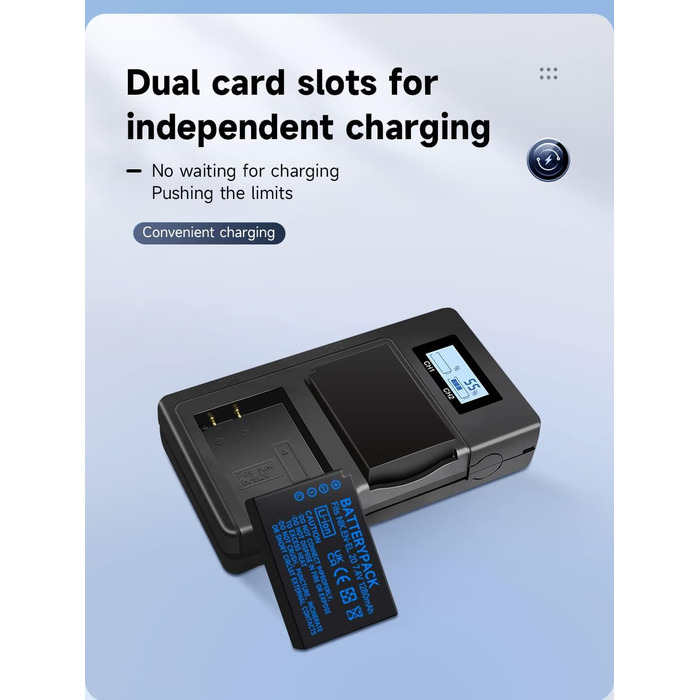 2 шт. акумулятори EN-EL20/EN-EL20a + зарядний пристрій Smart LCD Dual USB для Nikon Coolpix P950, P1000, P1100, Coolpix A, 1 AW1, 1 J1, 1 J2, 1 J3, 1 S1, 1 V3, DL24-500 цифрових камер