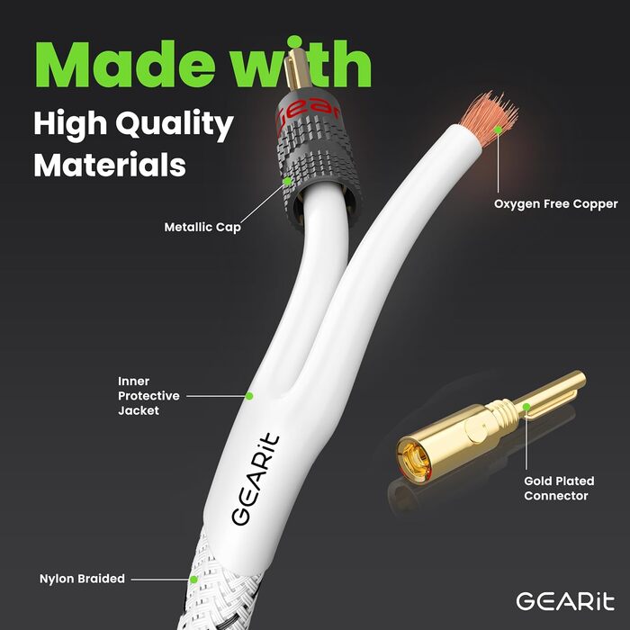Акустичний кабель GEARit з банановими штекерами 12 AWG, 10.7 м, OFC CL2, плетений для Hi-Fi, домашнього кінотеатру, підсилювачів (Золотий)