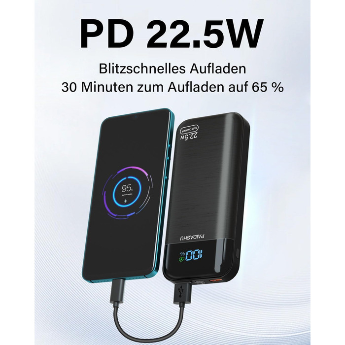 Портативний зарядний пристрій Power Bank 27000mAh з LED дисплеєм та 3 виходами, 2 входами, швидка зарядка 22,5W/PD20W, USB-C