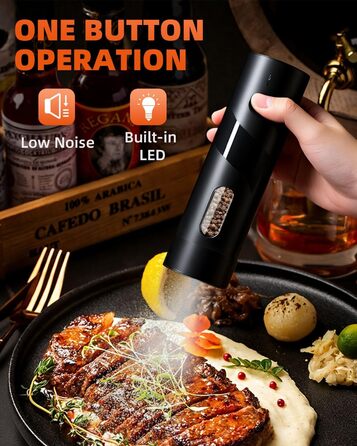 Набір електричних мельниць для солі та перцю з заряджною станцією, об'єм 110 мл, 5 ступенів помелу, керамічна млинка, щітка, 2 шт., чорний