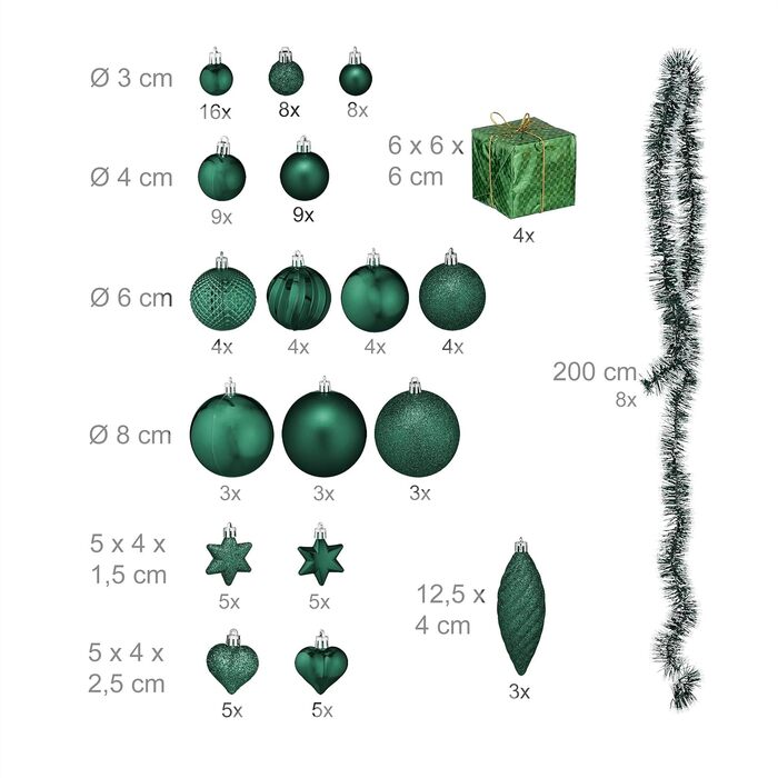 Набір прикрас для ялинки Relaxdays 110 шт., пластик, темно-зелений. Ялинкові кулі та гірлянди для декору.