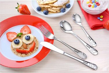 Дитячий столовий прилад Kinderbesteck з гравіюванням імені/мотива 'Teddy Bärchen' (ведмедик), 1 або 4 шт. у наборі, з нержавіючої сталі, гравіювання стильною літерою