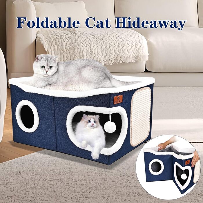 Кігтеточка-будиночок для котів з подушкою, блакитна, 60x43x32 см