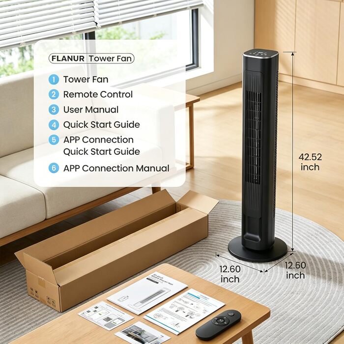 Вентилятор вежовий FLANUR WiFi Alexa 108 см, тихий (25 дБ), з пультом, 4 режими, 90° осциляція, таймер 12 год, чорний