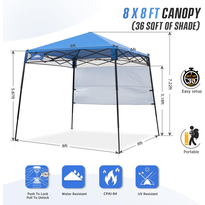 Folding Canopy with Slanted Legs 2.4x2.4m Waterproof Pop-up Pavilion with Side Walls, including Backpack, Blue