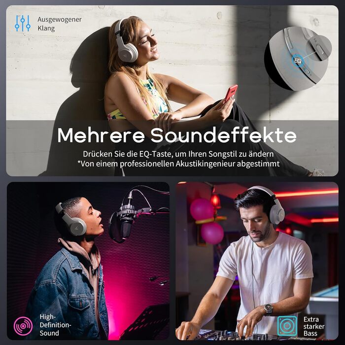 DOQAUS Бездротові навушники Over-Ear Bluetooth 5.3 з мікрофоном, 90 годин роботи, HiFi стерео звук, глибокі баси, сірий