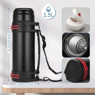 Термос-пляшка з чашкою 1L, 1.5L або 2L: термокана, пляшка з нержавіючої сталі, не протікає, ізотермічна пляшка для кемпінгу та піших прогулянок з ручкою та ремінцем, 24 години гаряча та холодна (1.5L) 1500 мл