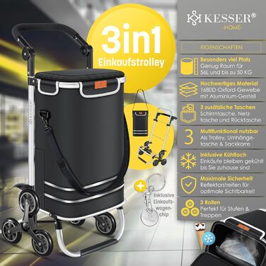 KESSER® Тележка для покупок зі сходами, з термосумкою, 56л, до 50кг | 3в1: тележка, візок, сумка через плече | Чорний