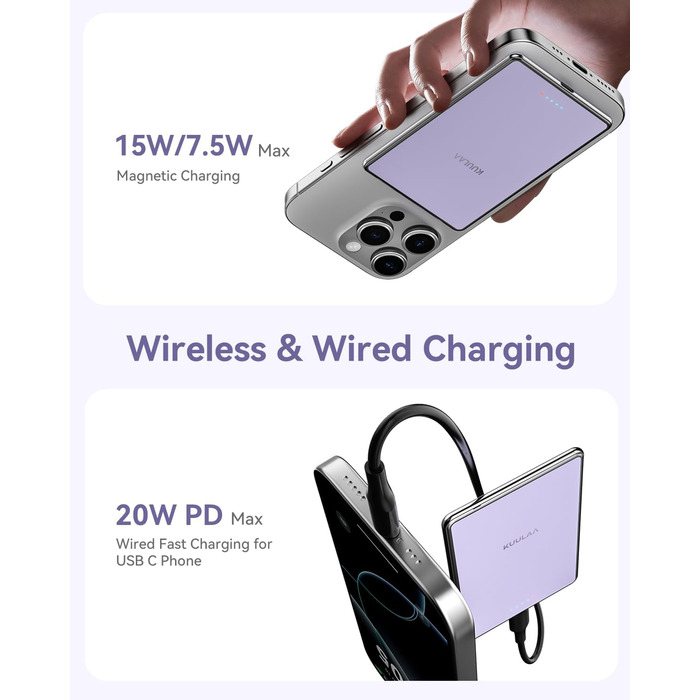 PowerBank Kuulaa Ultra Slim 5000 mAh з MagSafe, Type-C 20W, Швидка зарядка, 7.2 мм, для iPhone 16/15/14/13/12 (фіолетовий)