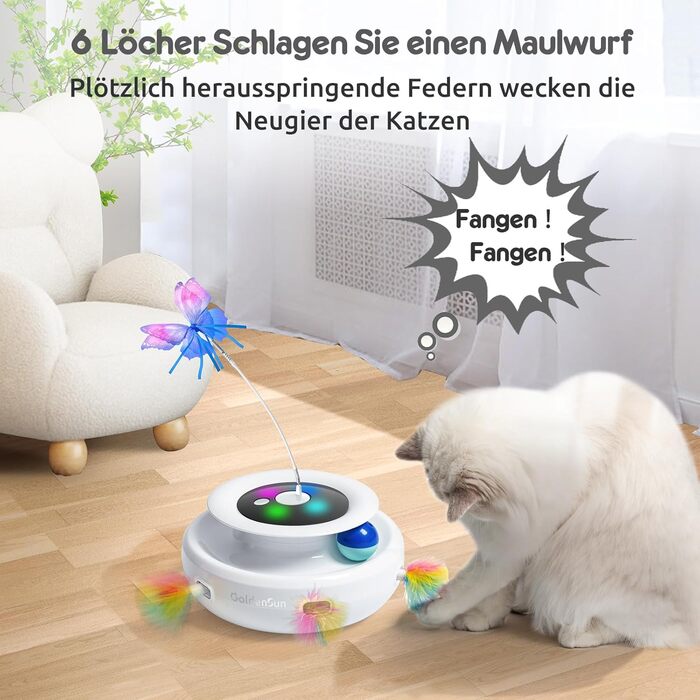GoldenSun Cat Toy, 3-in-1 Electric Interactive Automatic Toy for Cats, Whack-A-Mole, Fluttering Butterfly, Includes Ball, USB Rechargeable Cat Teaser with 6 Attachments