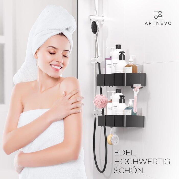 ARTNEVO Полиця для душу без свердління, чорна, з додатковим гачком для бритви, 2 шт. Просторий і стильний органайзер для ванної, монтаж без свердління, антикорозійний метал