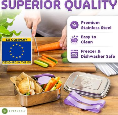Everusely Ланчбокс Bento Box Лавандовий - 0,8 л, нержавіюча сталь, з контейнером для спецій, 3 відділення