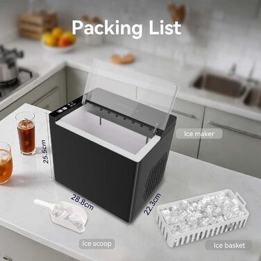 SONOLOR портативна машина для приготування льоду, 9 кубиків за 6 хв, 12 кг/24 год, 2 розміри, з лопаткою та кошиком, з однокнопковим керуванням – для дому, офісу, бару (Чорний)