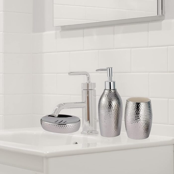 Silver Bathroom Accessories Set – 3-Piece Decorative Ceramic Bathroom Accessories Set with Lotion Soap Dispenser, Toothbrush Holder/Cup, and Soap Dish, Silver Gift Set for New Home Decor