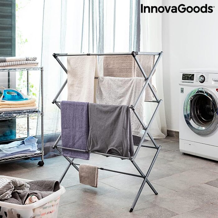 InnovaGoods - Folding and Extendable Metal Clothes Rack, 3 Height Levels, 11 Rods, Waterproof, Lightweight, Tool-Free Assembly, Iron, Silver, Size A