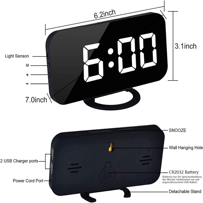Цифровий годинник-дзеркало SZELAM з LED-дисплеєм 7 дюймів, 2 USB-роз'єми, функція відкладання, автоматичне регулювання яскравості, для дому