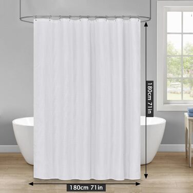 Штора для душу текстильна водонепроникна поліестер 180x200 см, біла з кільцями