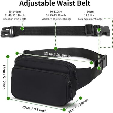 Чоловіча/жіноча поясна сумка на пояс, унісекс, чорна, з регульованим реміннем, 30 см, для подорожей, прогулянок з собакою, туризму