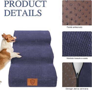Masthome Dog Stairs for Small Dogs, 4 Steps Pet Stairs with Washable Cover, 52cm High Cat Stairs for High Beds, Dog Ramp Ladder, Removable, Black (3 Step Dog Stairs - Blue)