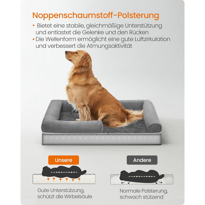 Ортопедичне ліжко для собак Feandrea, м'яке, з високими бортиками, 112x86x18 см, сірий колір, знімний чохол