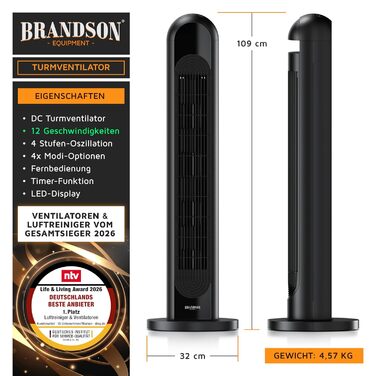 Вентилятор Tower Brandson Eco Design DC – тихий, 12 швидкостей, 4 режими (нормальний, природа, сон, авто), з пультом ДК