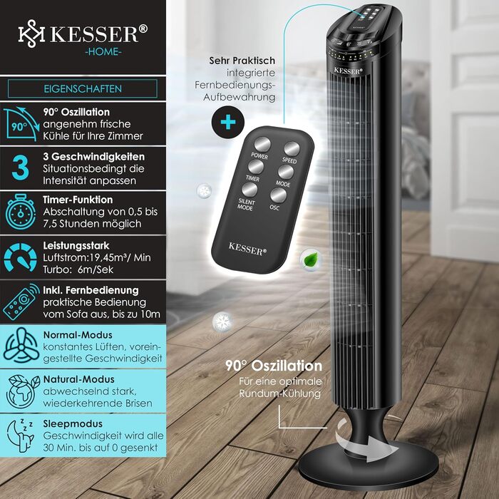 Турбо вентилятор KESSER® з пультом керування | 90° кут осциляції | 3 швидкості | 90 см | Таймер | Turbo функція | Колонний вентилятор | Чорний
