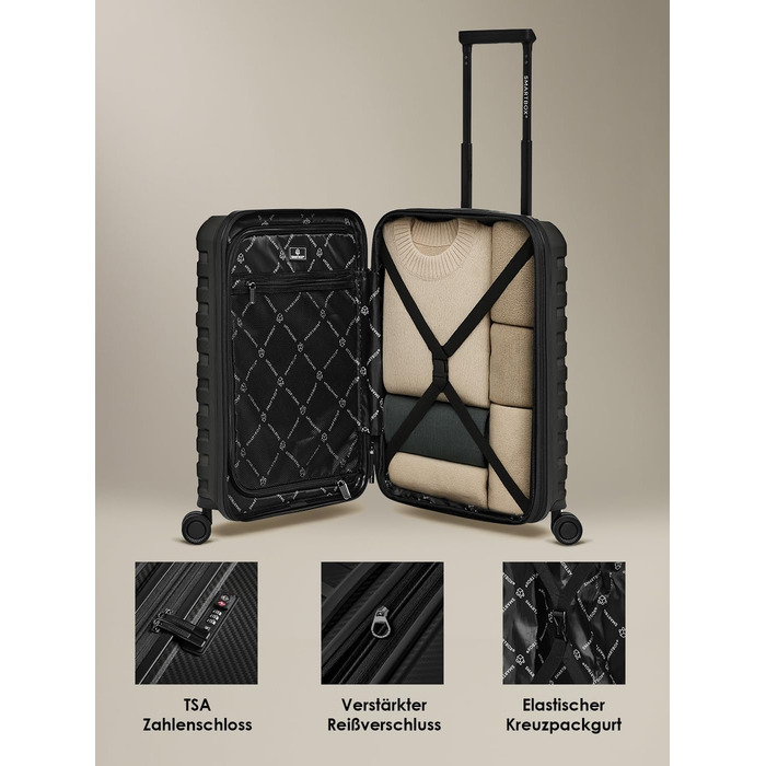 Набір валіз SMARTBOX з жорстким корпусом (3 шт) | Розширюваний на 3 см | З поліпропілену, TSA-замок, 4 колеса | Для жінок та чоловіків (Edition 01) (Чорний, S (55 см) з відділом для ноутбука)