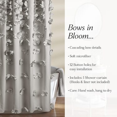 Шторка для душу Lush Decor Riley, 183x183 см, сіра, з бантиками, романтичний дизайн
