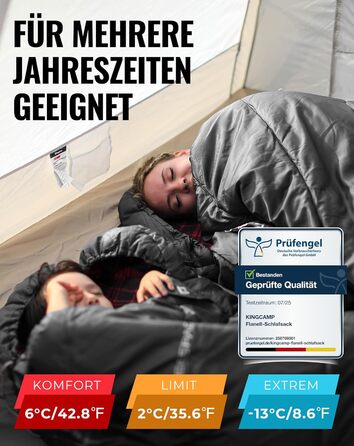 Сплячий мішок KingCamp XXL з бавовни фланелі для дорослих, великого розміру, теплий, зимовий, для кемпінгу, подорожей та активностей на відкритому повітрі, 4-сезонний, 220x100 см, класичний чорний