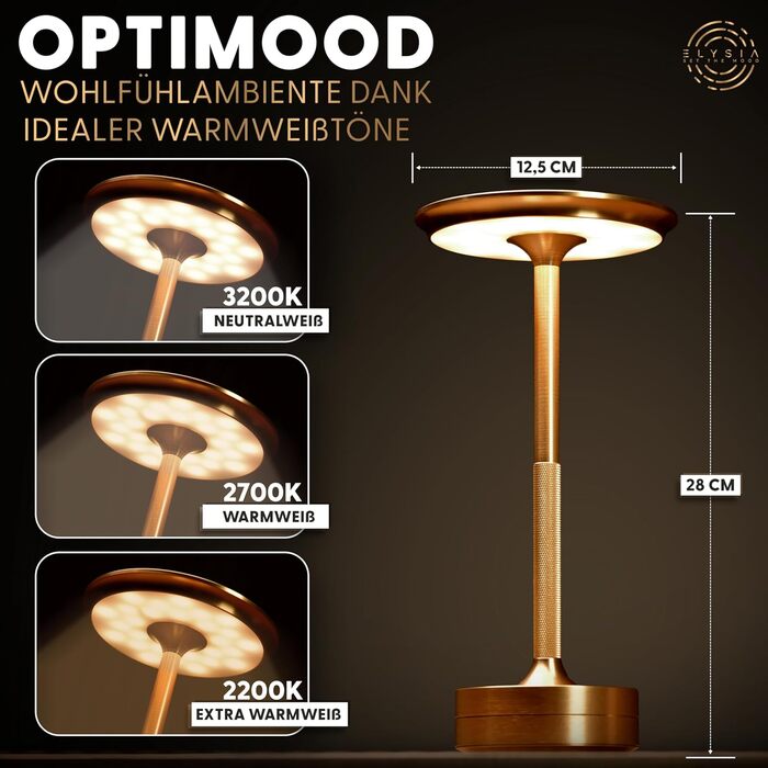 Настільна світлодіодна лампа ELYSIA з акумулятором, диммер, бездротова, сенсорна, IP54 (внутрішнє/зовнішнє), тепле світло (2200K-2700K-3200K), USB-C, алюміній, золота