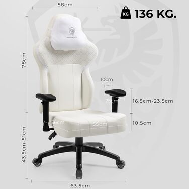 Ігровий крісло Dowinx з PU шкіри, ергономічний комп'ютерний крісло для геймерів, великий офісний крісло з регульованим нахилом та високою спинкою (Білий)