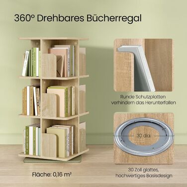 Обертовий книжковий стелаж EUGAD, 4 рівні, 360°, МДФ, світлий дуб, 39,5x128x39,5 см, для офісу та дому, багатофункціональний роздільник простору