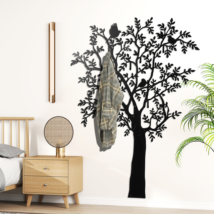 HOMCOM Coat Rack Wall-Mounted Coat Rack in Tree Shape with 4 Birds, 8 Hooks Coat Rail, Wall Decoration for Jackets, Coats, Hats, Scarves, Handbags, 120 x 175 cm, Black | Aosom