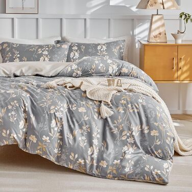 Комплект постільної білизни Tokokimo 220x240 3шт - комплект з 2 наволочками 80x80 см, з блискавкою, квітка, мікрофібра, для двоспального ліжка, сіро-коричневий