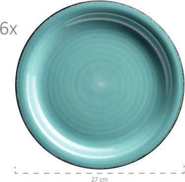 MÄSER Bel Tempo II Dinnerware Set for 6 People with a Modern Vintage Look, 12-Piece Tableware Service, Hand-Painted, Turquoise, Stoneware, 27 centimeters