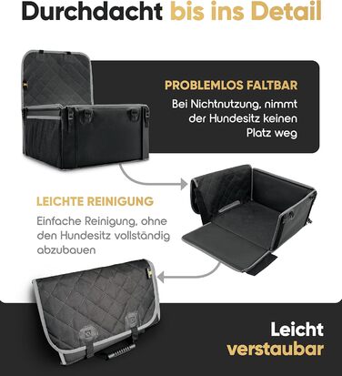 Автокрісло для собак HELDENWERK Extra Stabiler - Водонепроникне, з 5 ременями, для заднього та переднього сидіння (Чорно-сіре, стандартне)