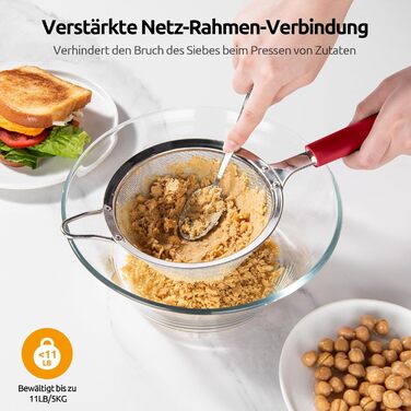 U-Taste дрібносітчасте кухонне сито з нержавіючої сталі 18/8, середнє металеве сито з міцною заклепкою і силіконовою ручкою, для просіювання борошна, зціджування чаю, рису, кіноа, червоне, 12 см