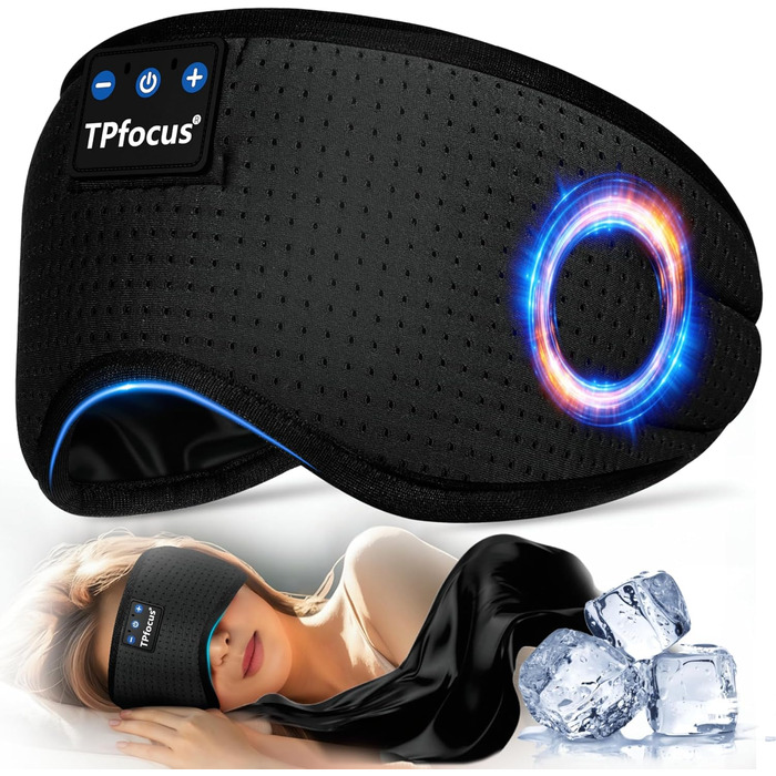 Маска для сну TPfocus з навушниками для тих, хто спить на боці, Bluetooth, миється, блокує світло, з мікрофоном, чорний (Ice Black)