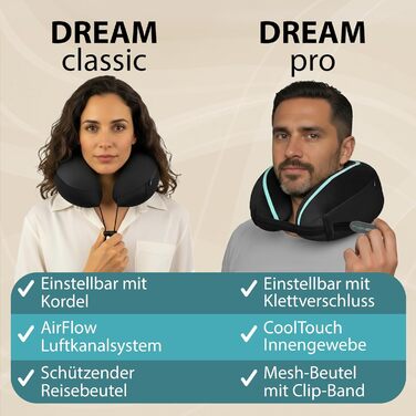 Подушка для шиї FlowZoom Dream Classic з регульованою підтримкою та знімним шнуром - подушка для подорожей у літак з піною Memory Foam - з чохлом та подарунковою упаковкою - Чорний