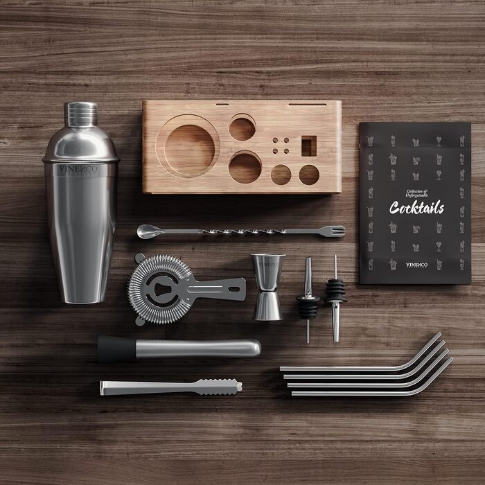 Cocktail Shaker Set with Stand & Recipe Book: Premium Stainless Steel Bar Cocktail Set, Cocktail Shaker, Measuring Jigger, Straws, Bar Spoon, Muddler | Bartender Bar Set Cocktail Accessories Gift for Women Men