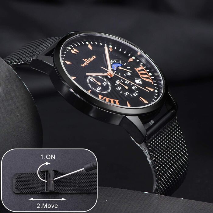 Чоловічий годинник Mode Herren: Водостійкий аналоговий кварцовий годинник з нержавіючої сталі та сітчатим ремінцем. Чорний колір.