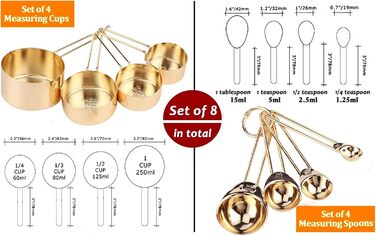 WAAZI 8-Piece Measuring Cup and Spoon Set, Stainless Steel Measuring Spoons with Buckle, Kitchen Baking Accessories for Milk-Tea Shops, Bars, Cafés, Kitchen Utensils (Color: Gold)