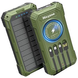 Сонячний повербанк 26800 mAh з 4 кабелями, швидка зарядка USB-C, Qi бездротова зарядка, LED ліхтарик - для телефонів, планшетів, кемпінгу (Зелений)